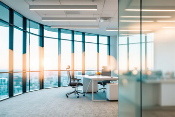 Sleek office interior with large windows overlooking cityscape. Ideal for business, real estate, or corporate lifestyle concepts. Conveys professionalism and urban success.