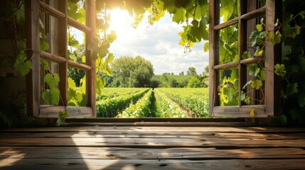 Fototapeta premium A serene view of a lush vineyard as seen through an open wooden window, bathed in warm sunlight, with a rustic wooden table in the foreground.