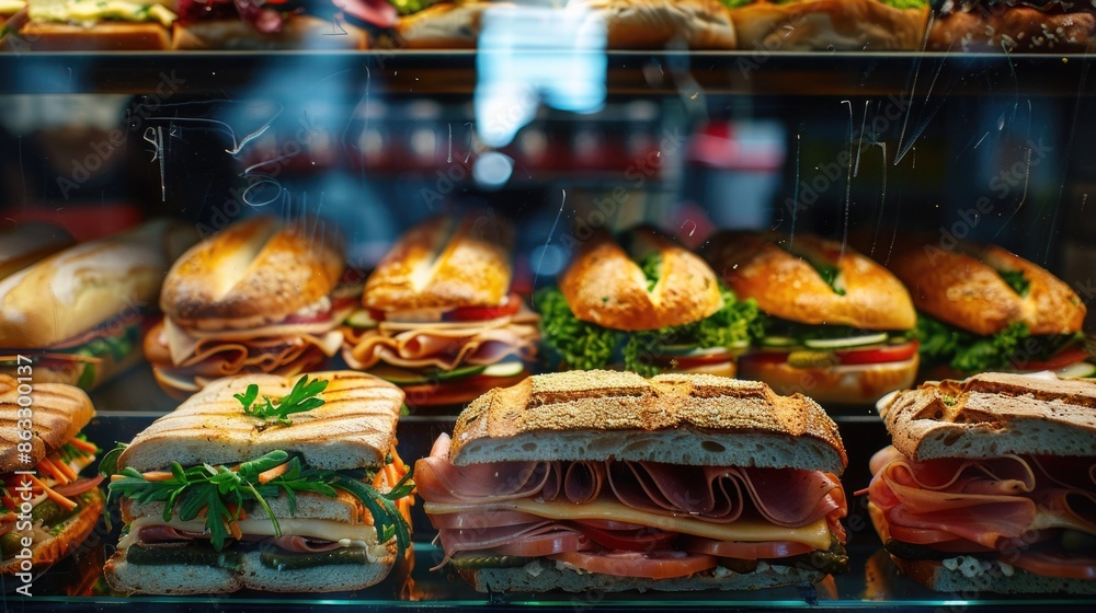 Poster A colorful display case filled with various types of sandwiches
