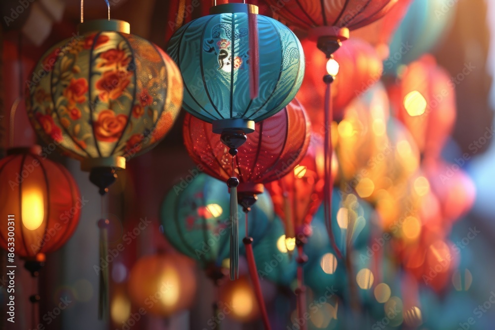 Poster a collection of vibrant lanterns suspended from the ceiling, ideal for use in event or party decorat