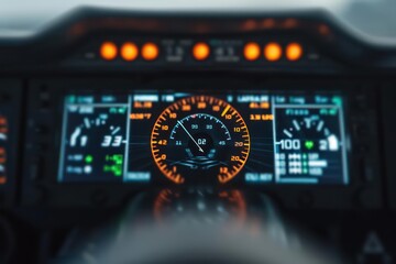 Fototapeta premium Closeup of a flying cars digital dashboard displaying altitude and speed, with copy space