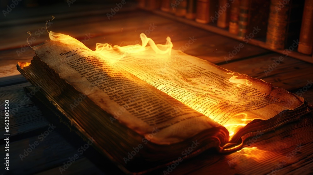 Poster an open book with flames burning from its pages