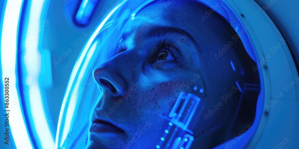 Poster a close-up view of a person wearing a space suit, great for sci-fi or futuristic concepts