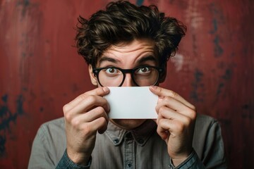 A man holds a white card in front of his face, concealing his identity