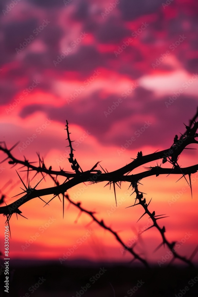 Poster a close-up shot of a tree branch with a beautiful sunset in the background, ideal for use in travel 