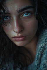 A close-up view of a woman's face with striking blue eyes