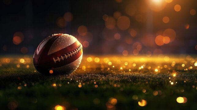 A rugby ball on a sports field in the sunshine with bokeh. The concept of rugby sport