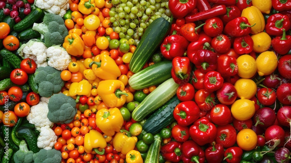 Poster A selection of colorful fruits and vegetables arranged in a neat display