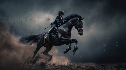 Naklejka premium The rider on the black horse is engaged in equestrian sports. Sport content
