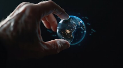 Closeup of a hand interacting with a holographic solar system model, with copy space