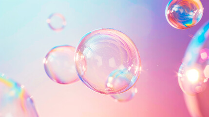 Naklejka premium Floating rainbow soap bubbles on a colored background, copy space. Banner, poster.