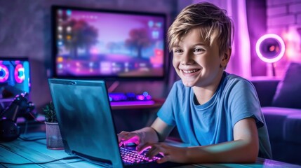 A smiling boy is using a laptop in a vibrant gaming club. The room has a colorful, neon-lit atmosphere with a large display screen in the background.