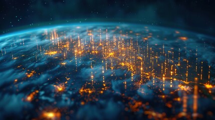 This image depicts a digital representation of a worldwide network connection, showcasing illuminated data pathways across the Earth's surface against a dark background.