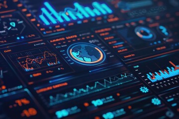 Obraz premium Closeup of a holographic interface displaying a startups growth metrics, with copy space