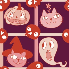 Halloween animals seamless cats and pumpkins pattern for wrapping paper