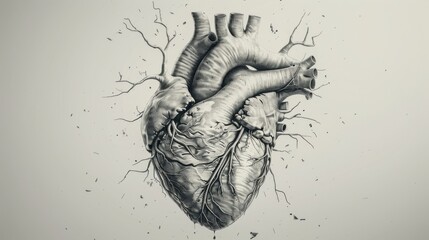 An intricate, grayscale anatomical sketch of a human heart, showcasing detailed veins and arteries against a minimalistic background.