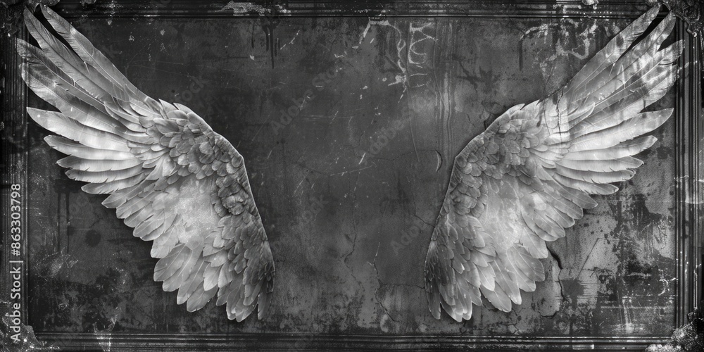 Poster a pair of wings depicted in a black and white photograph, suitable for use as a symbol or motif in v