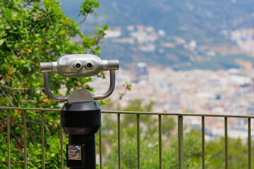 Observation deck and binoculars for viewing the sea and the city of Istanbul in a public place
