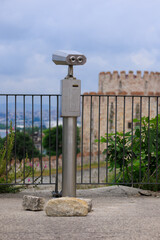 Observation deck and binoculars for viewing the sea and the city of Istanbul in a public place