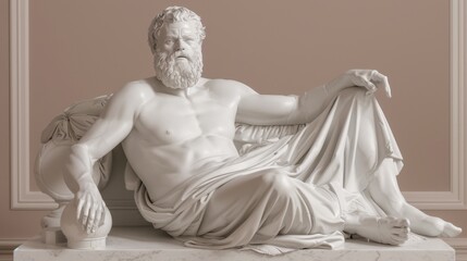 Naklejka premium A highly detailed and lifelike marble sculpture of a reclining man from Ancient Greece, with flowing drapery and a majestic beard, rendered in a cinematic 8K style.