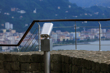 Observation deck and binoculars for viewing the sea and the city of Istanbul in a public place