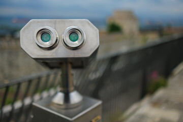 Observation deck and binoculars for viewing the sea and the city of Istanbul in a public place