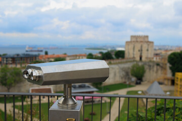 Observation deck and binoculars for viewing the sea and the city of Istanbul in a public place
