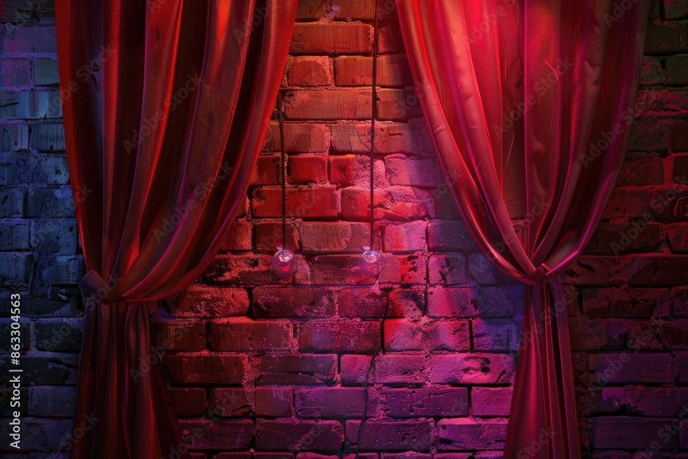 Poster a brick wall with a red curtain hanging from it, providing a pop of color