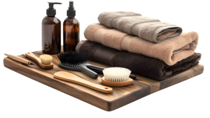 Hairstylist's setup with hairdressing tools and products, PNG file, transparent background, isolated on white