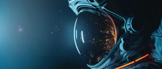 Closeup of an astronauts helmet visor reflecting a distant planet, with copy space