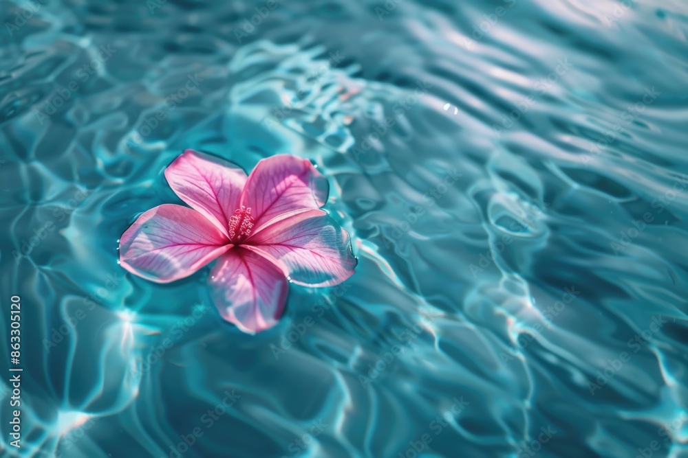 Aufkleber a single pink flower floats on the surface of a pool of water