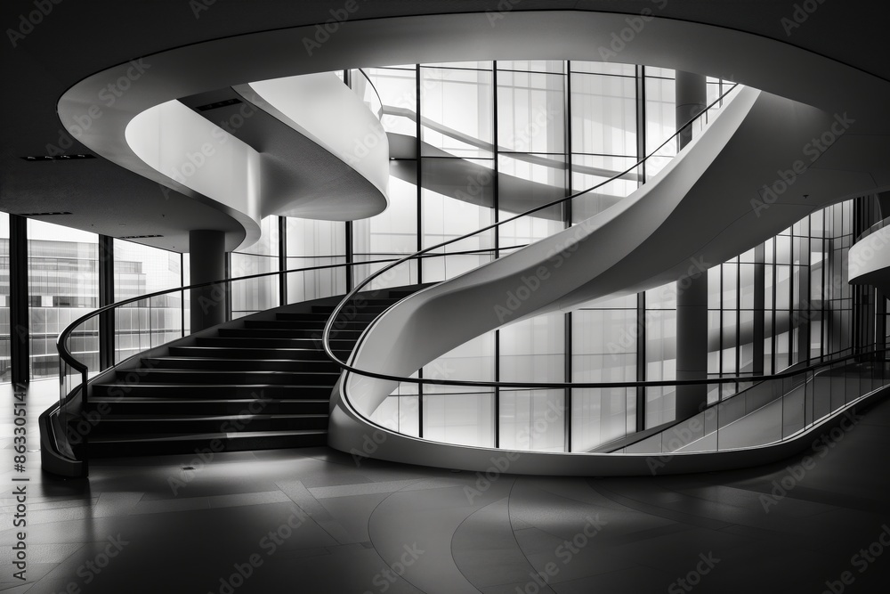 Poster a spiral staircase is the main focus of this black and white photo. the staircase is surrounded by a