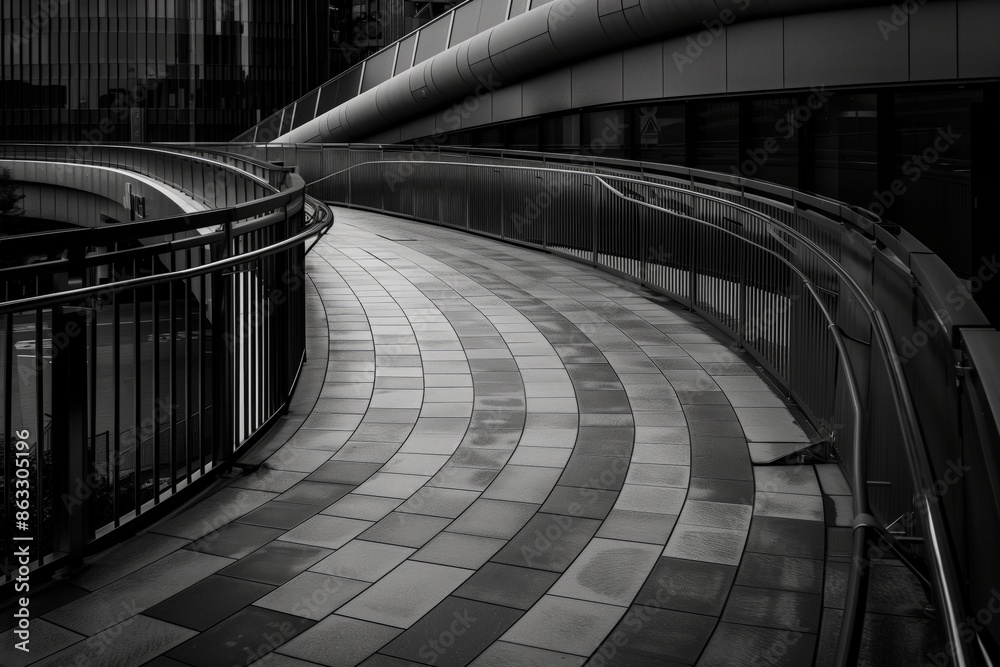 Poster A long, narrow walkway with a black and white color scheme. The walkway is made of bricks and has a metal railing. The image has a moody and mysterious feel to it, as the black