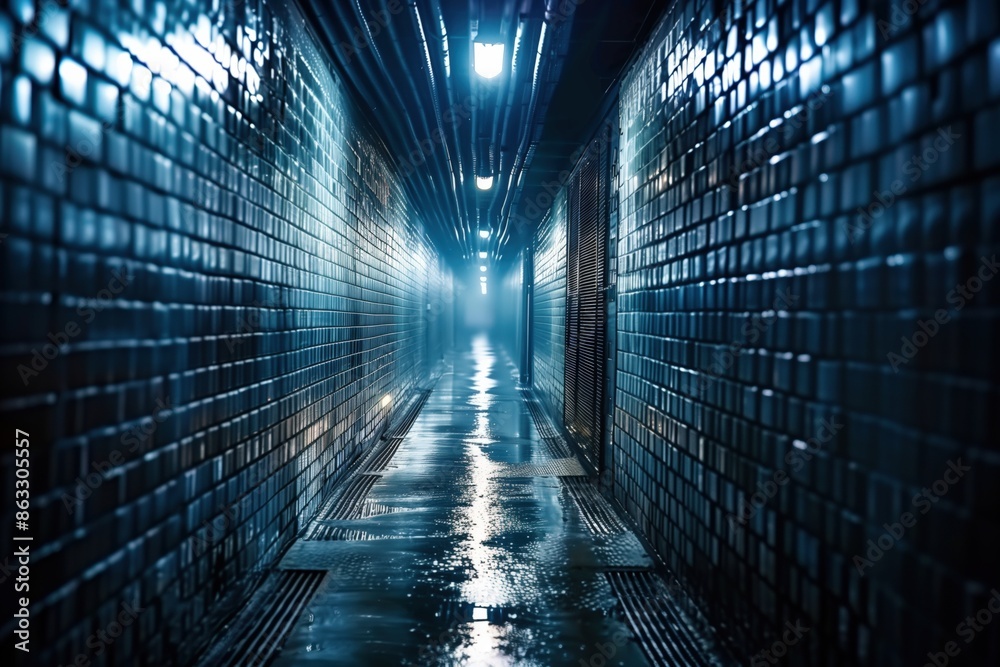 Aufkleber a long, dark tunnel with a wet floor. the light is on, but it's not bright enough to illuminate the 