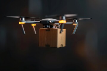 Detailed view of a drone delivering a package with integrated sensors, with ample copy space