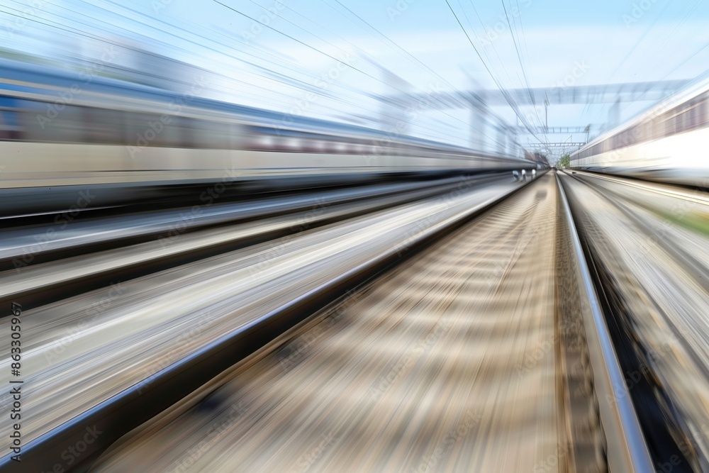 Poster a train is moving along a track with a blurry background. the train is the main focus of the image, 