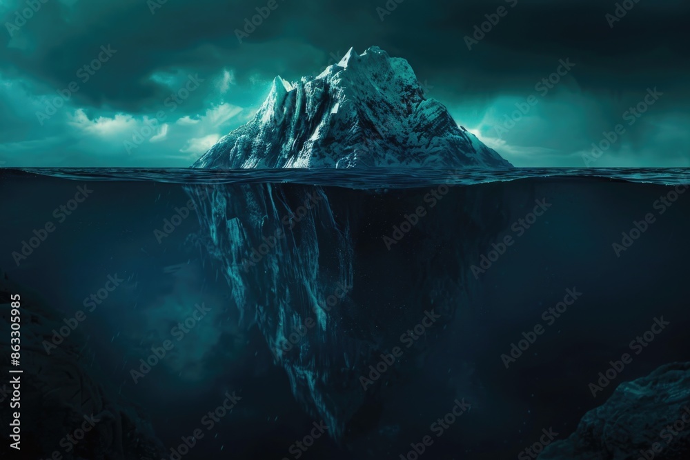 Poster a massive iceberg floating in the open ocean, with waves crashing against its sides