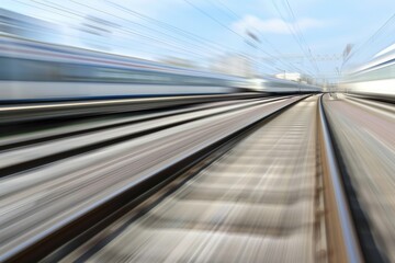 A train is moving on a track with a blurry background. The train is the main focus of the image, and the blurry background suggests that the viewer is looking at the train from a distance