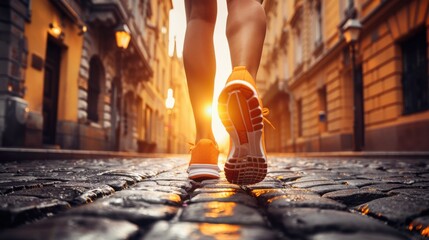 A girl runner makes a morning run in a city street. The image captures the back view of the runner's legs and shoes with the sun rising in the background.