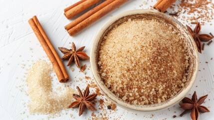 Homemade cinnamon sugar in a bowl with brown sugar on white background Versatile spice blend for drinks and baking with room for text