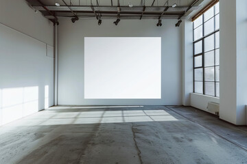 Spacious empty industrial room featuring a large projection screen, concrete floor, and natural light streaming through large windows.