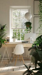 A bright and airy home office with a white desk and chair, positioned near a large window with white blinds