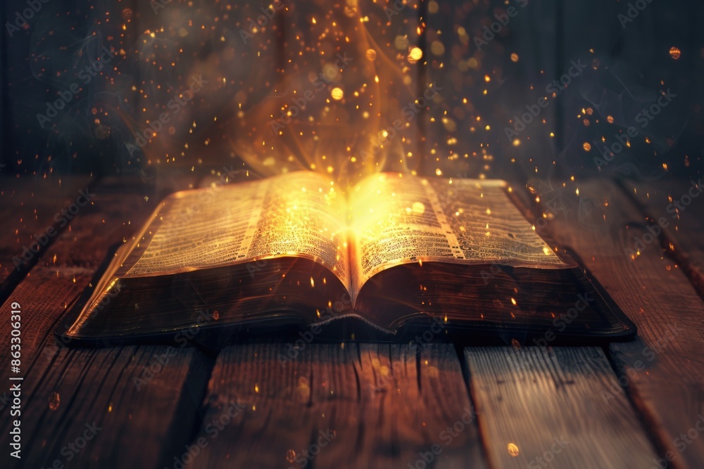 Poster an open book on a wooden table with a bright light emanating from within, perfect for educational or