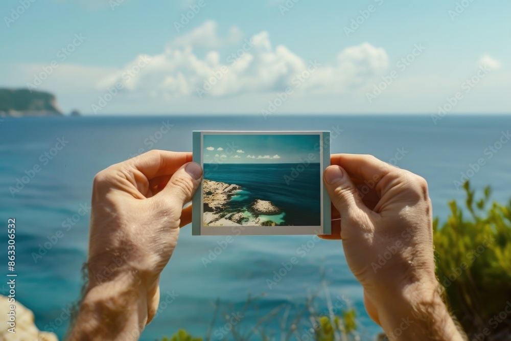 Aufkleber a person holding an image of the ocean, suitable for use in travel or nature-themed projects