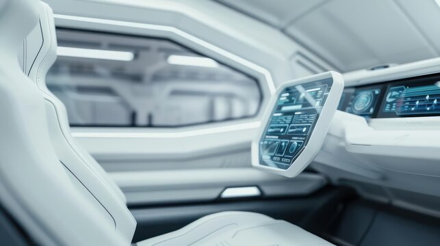 Detailed view of a hyperloop pods sleek interior with touchscreen controls, with copy space