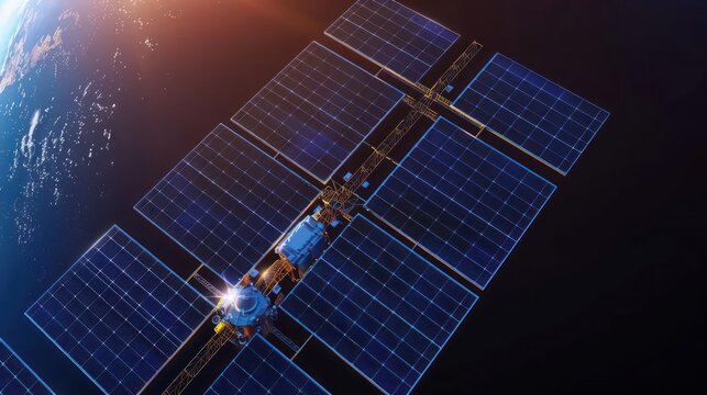 Detailed view of a satellites solar panels adjusting to capture sunlight, with copy space