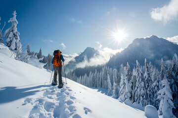 Snowshoeing, trekking down the rugged and snow-covered mountain terrain, fully engaging in the adventure and navigating the potential risks associated