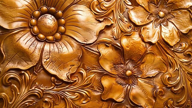 A luxurious honeytoned leather with a sculpted floral design creating a soft and intricate embossed texture.