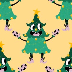 Cartoon Christmas tree seamless pattern for wrapping paper and fabrics