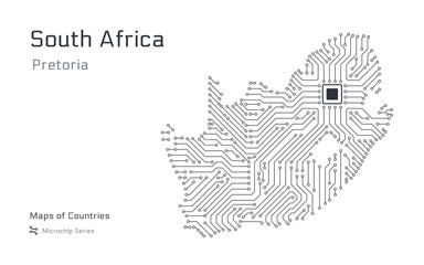 White vector map of South Africa created from a microchip pattern, with the capital Pretoria depicted as a microchip